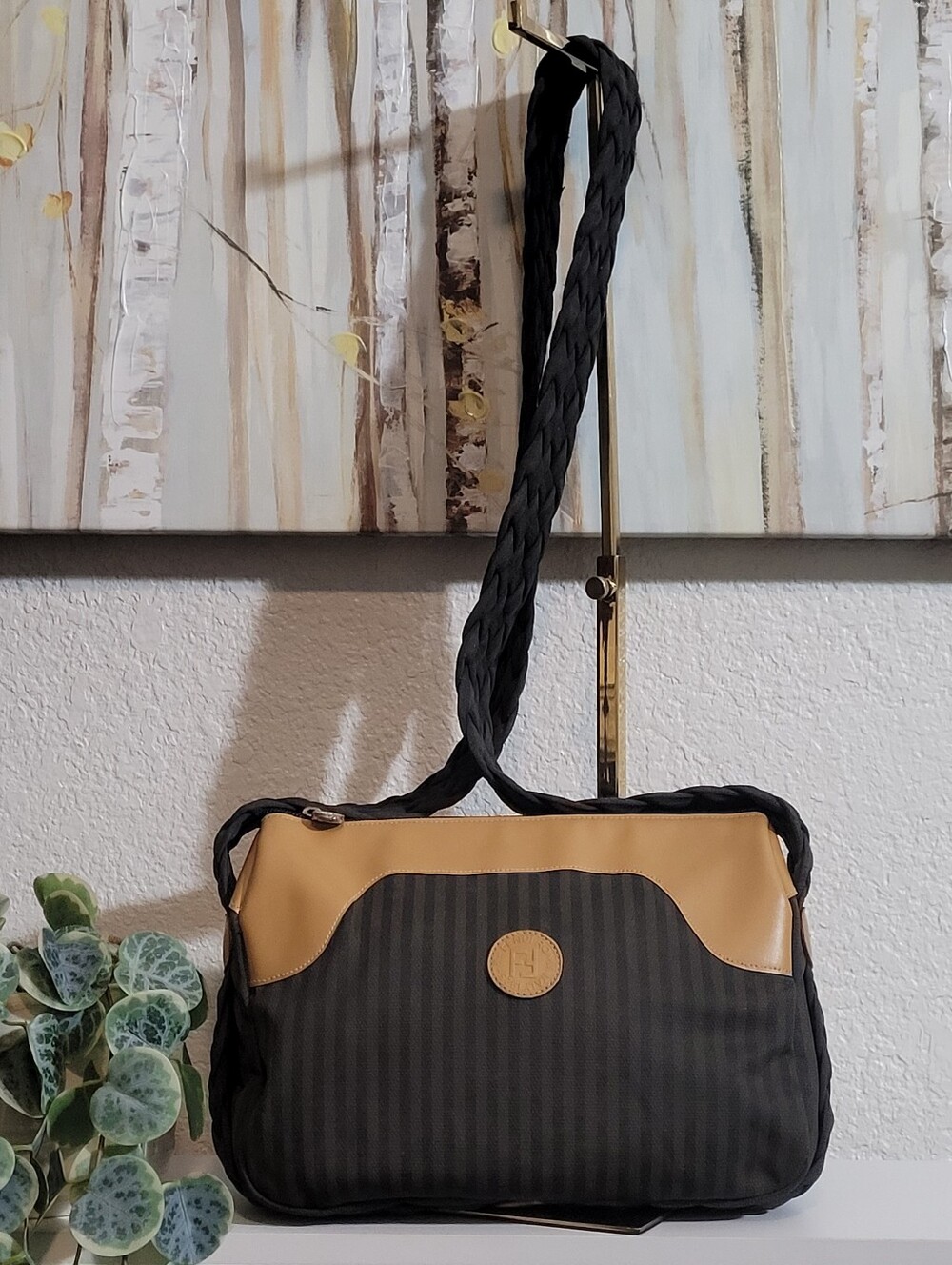 Vintage 80's Pequin Fendi Brown Thick  Stripes Zippered Crossbody Shoulder Bag
